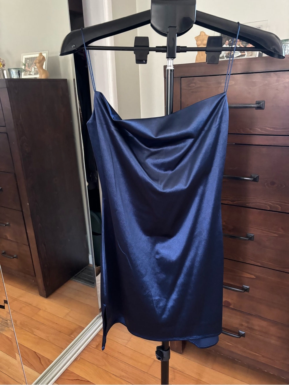 Zaful Navy Satin Cowl Neck Mini Dress